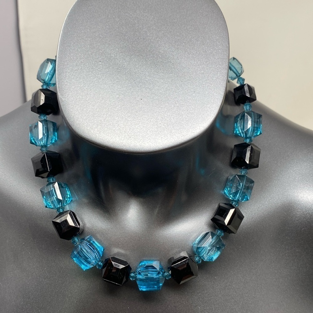 Chunky Cube Beads Black and Teal Lucite type Necklace
